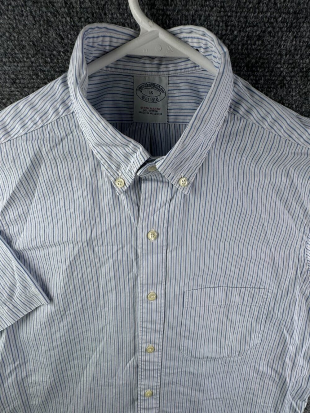 Brooks Brothers Size 17 Striped Blue Short Sleeve Cotton Button Up Extra Slim